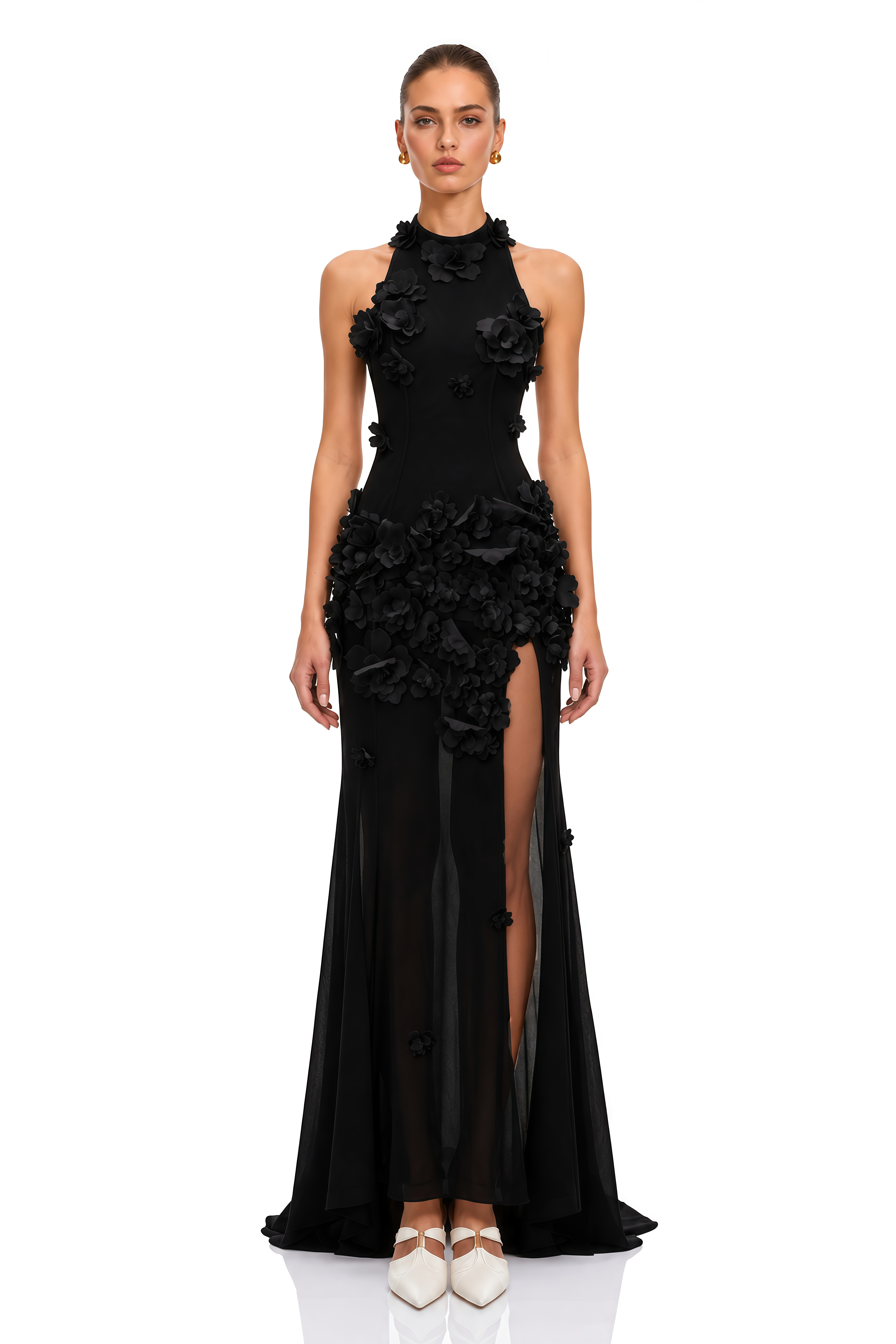 Guinevere Black Halterneck Maxi Dress with 3D Florals
