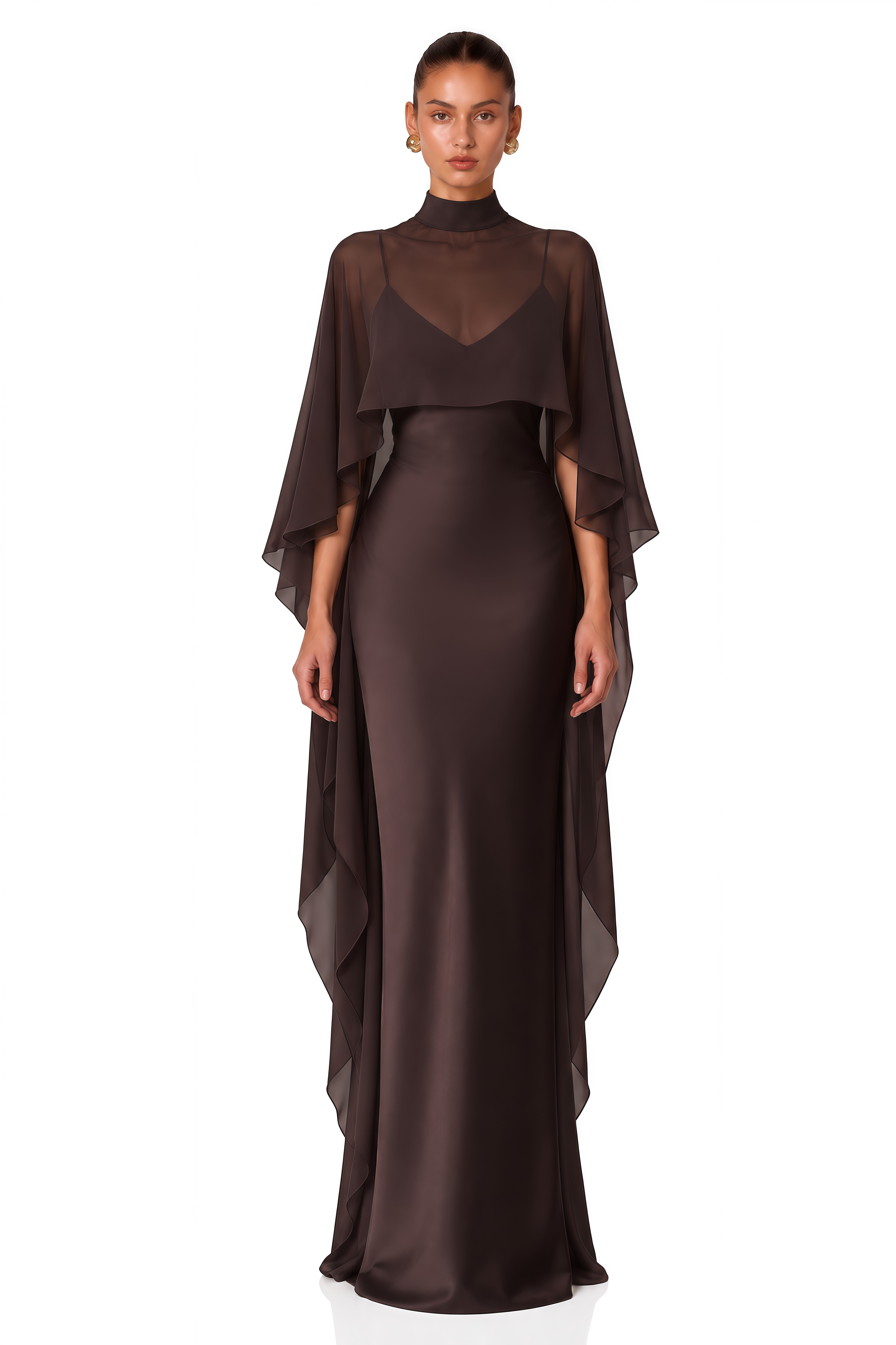 Althea Brown Sheer Cape Satin Maxi Dress