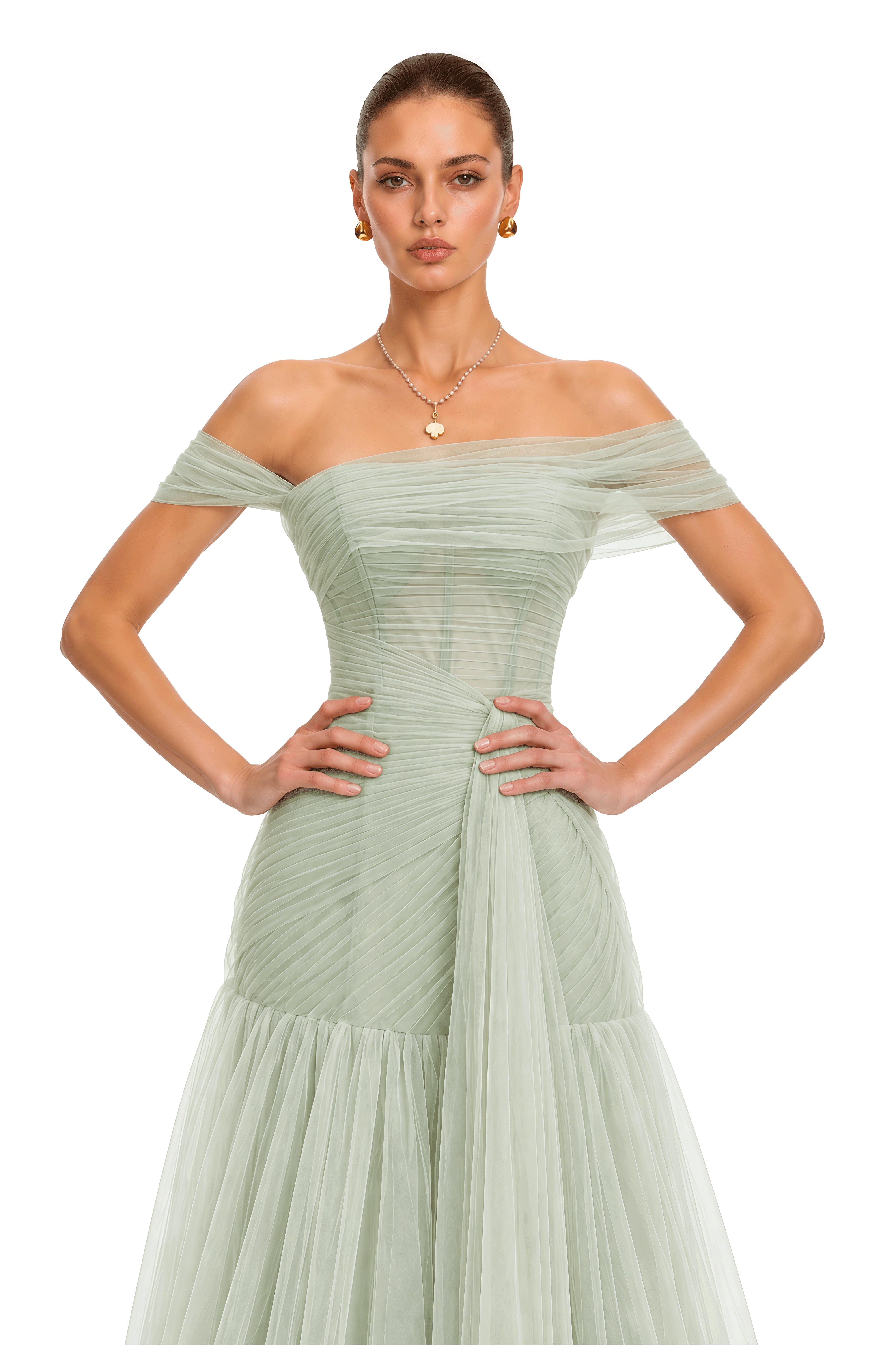 Antonia Green Semi-Sheer Pleated Maxi Dress