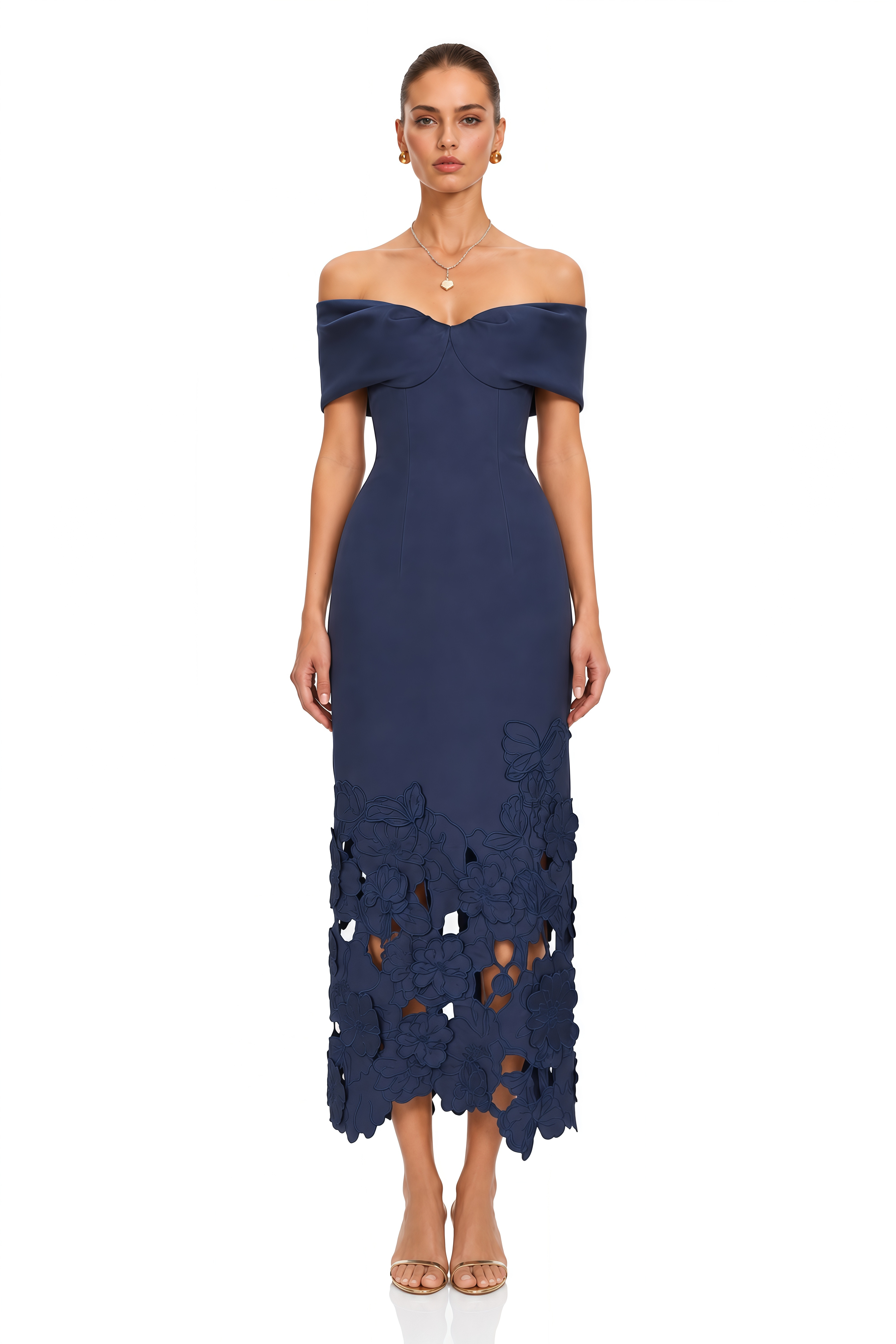 Ayat Navy Blue Off Shoulder Floral Cut-Out Midi Dress