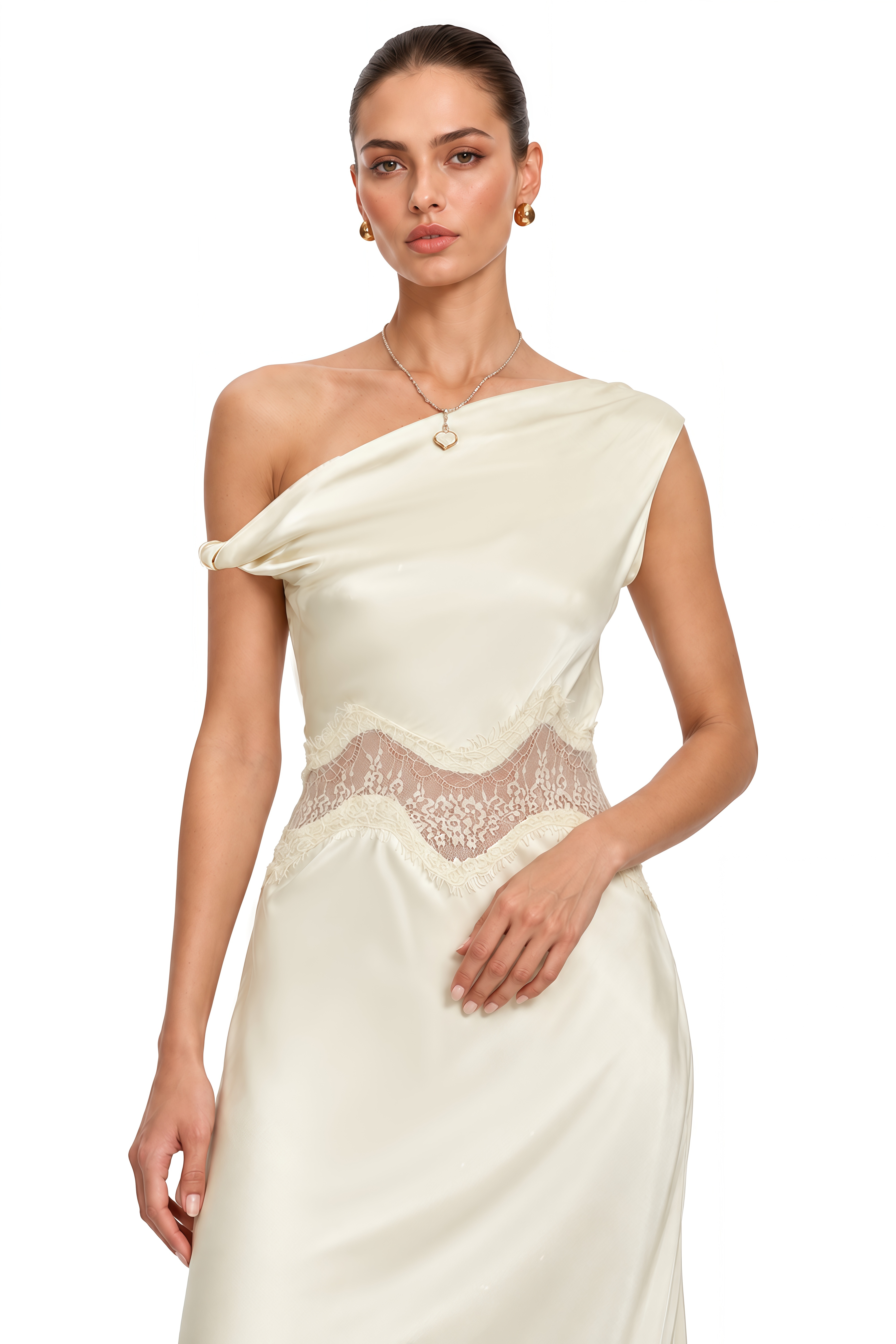 Capucine Ivory Lace Panel One Shoulder Maxi Dress