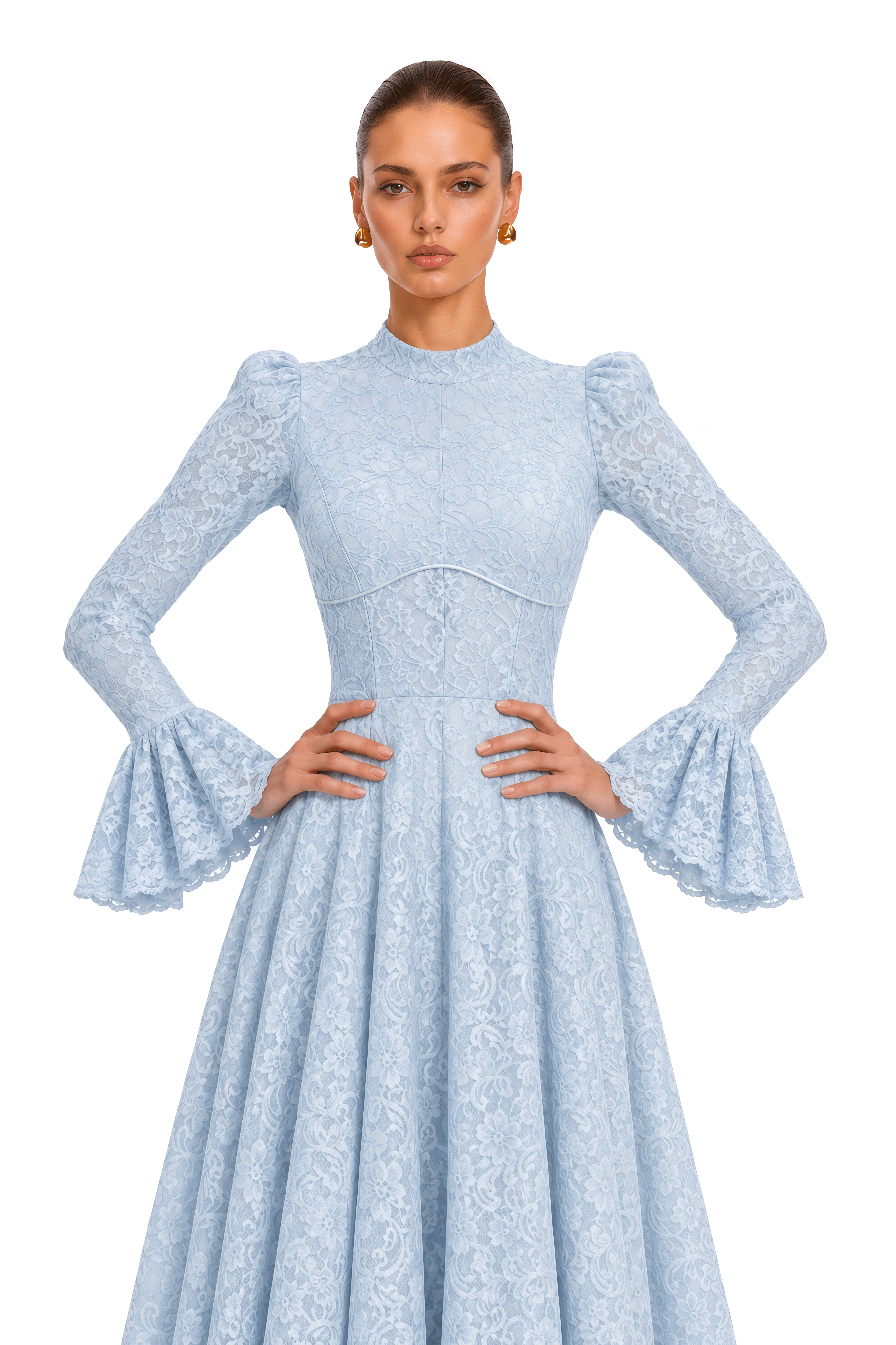 Elowena Blue Floral Lace High Neck Maxi Dress