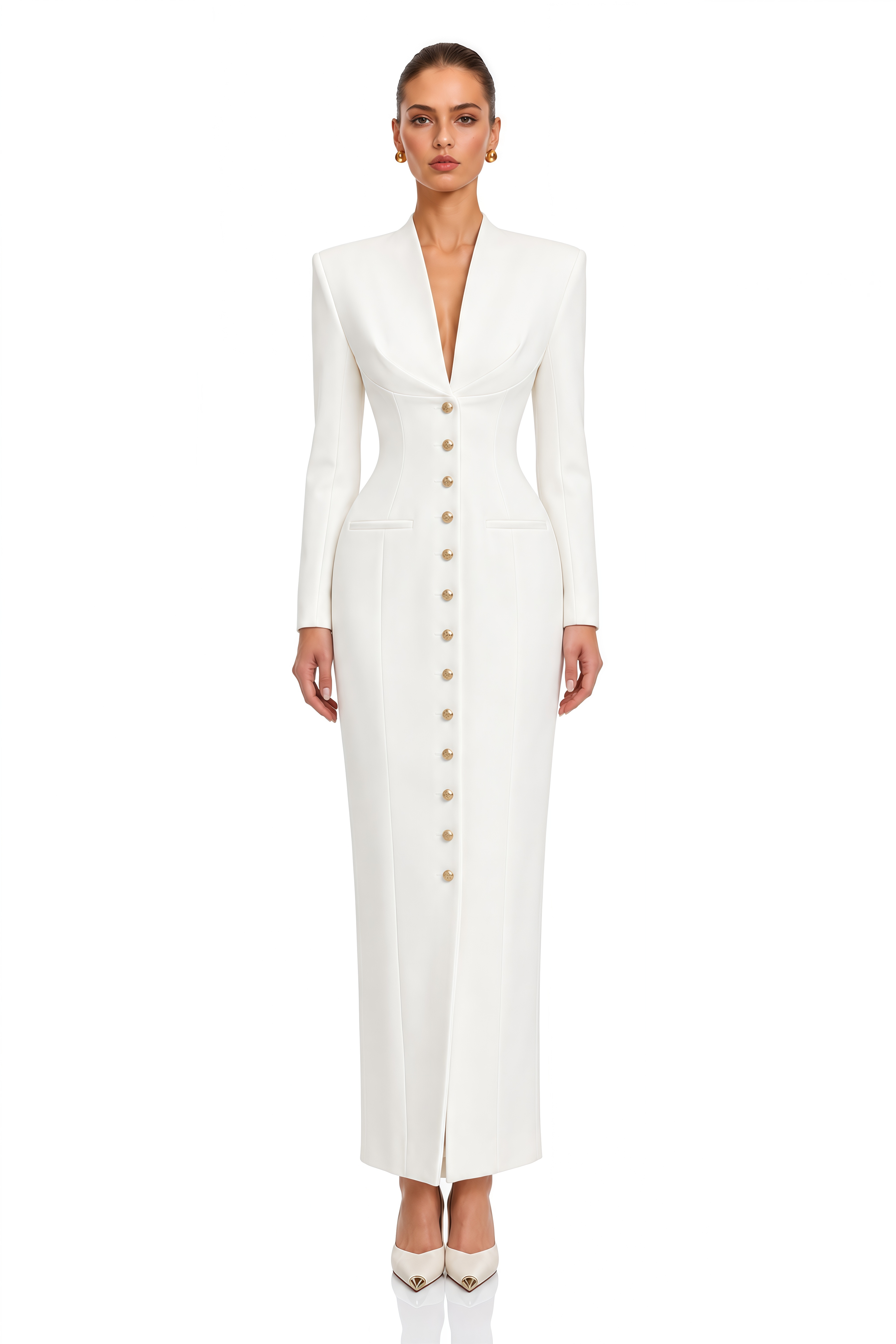 Esther White Structured Button Front Blazer Maxi Dress