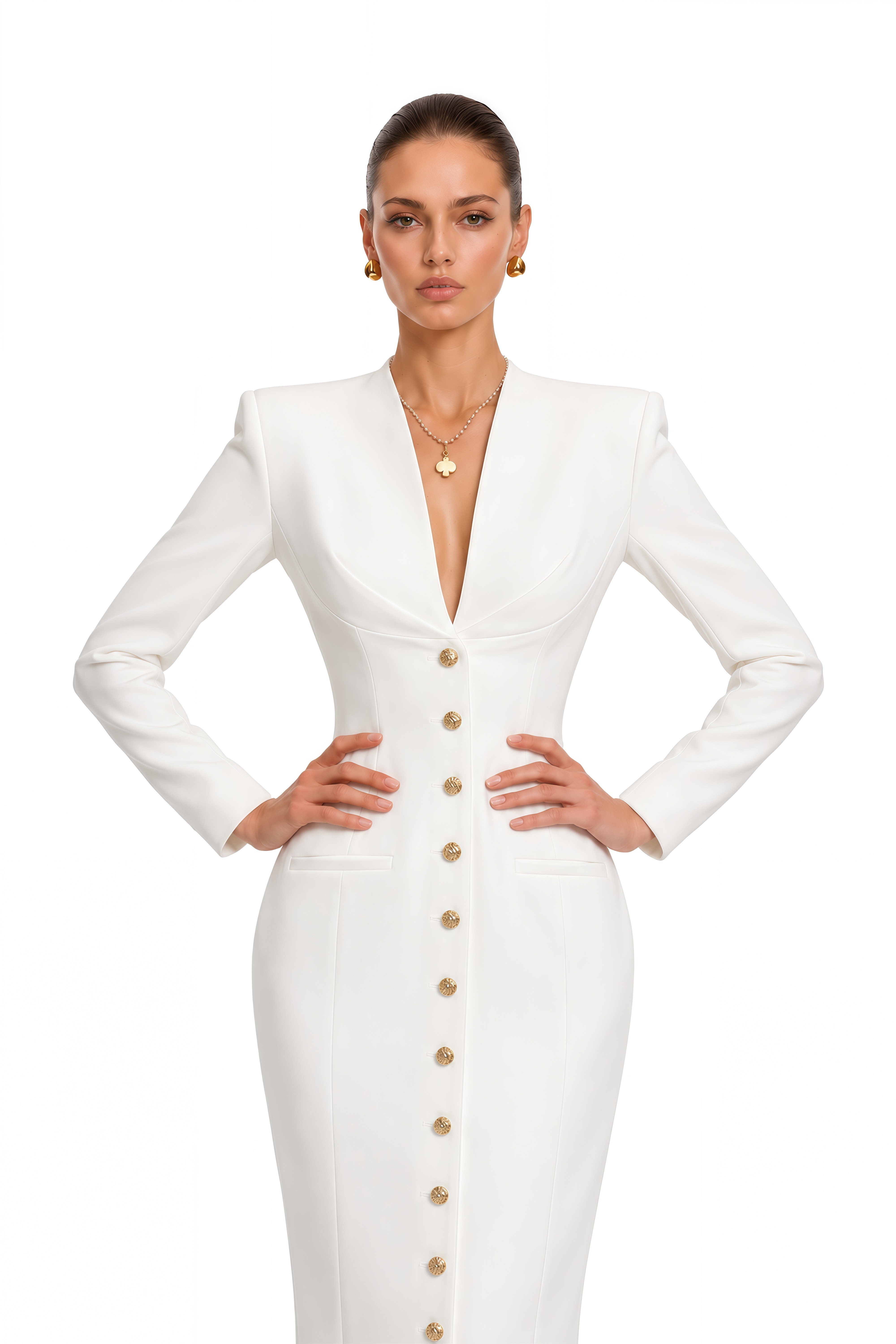 Esther White Structured Button Front Blazer Maxi Dress