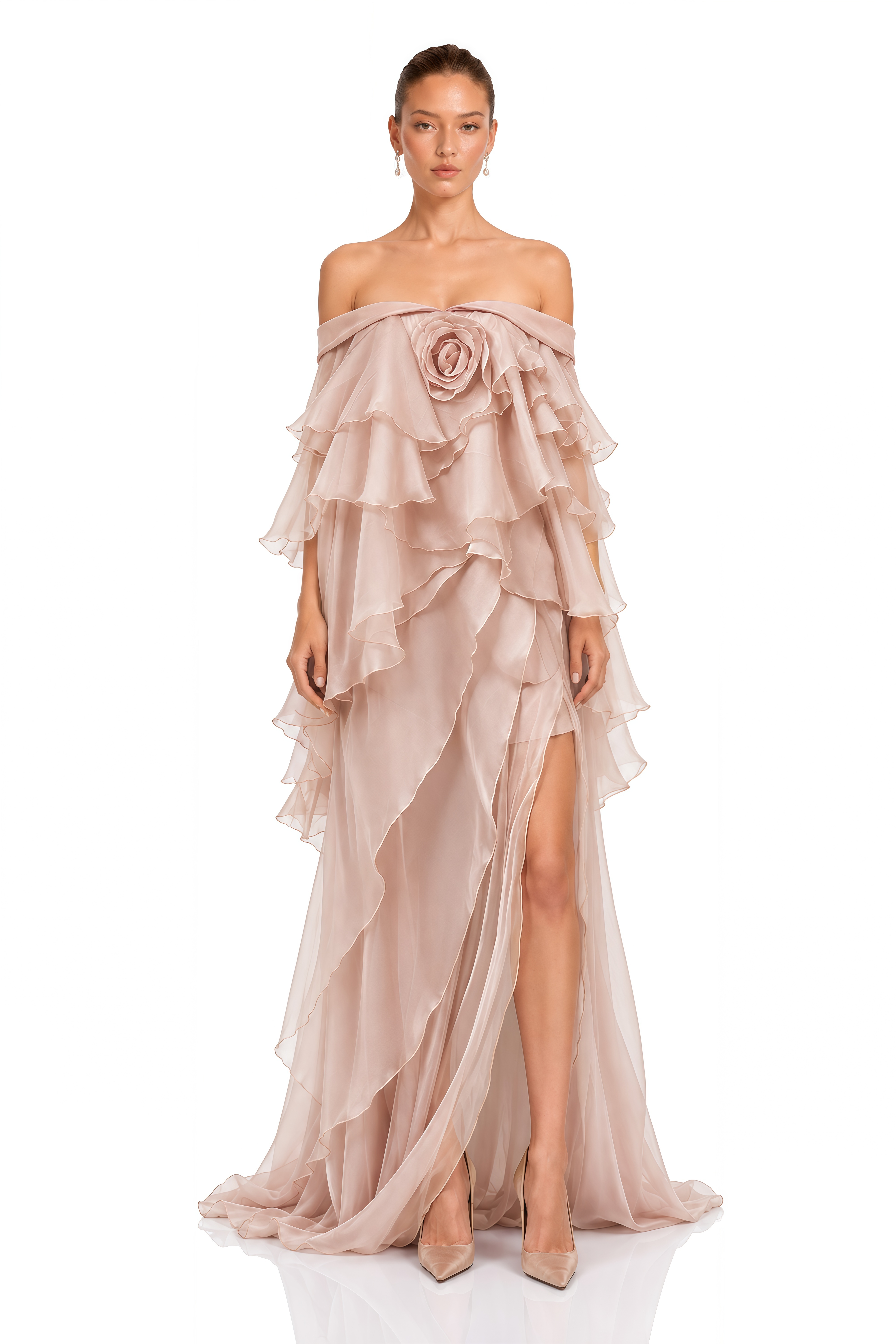Floriana Blush Pink 3D Floral Ruffle Maxi Dress