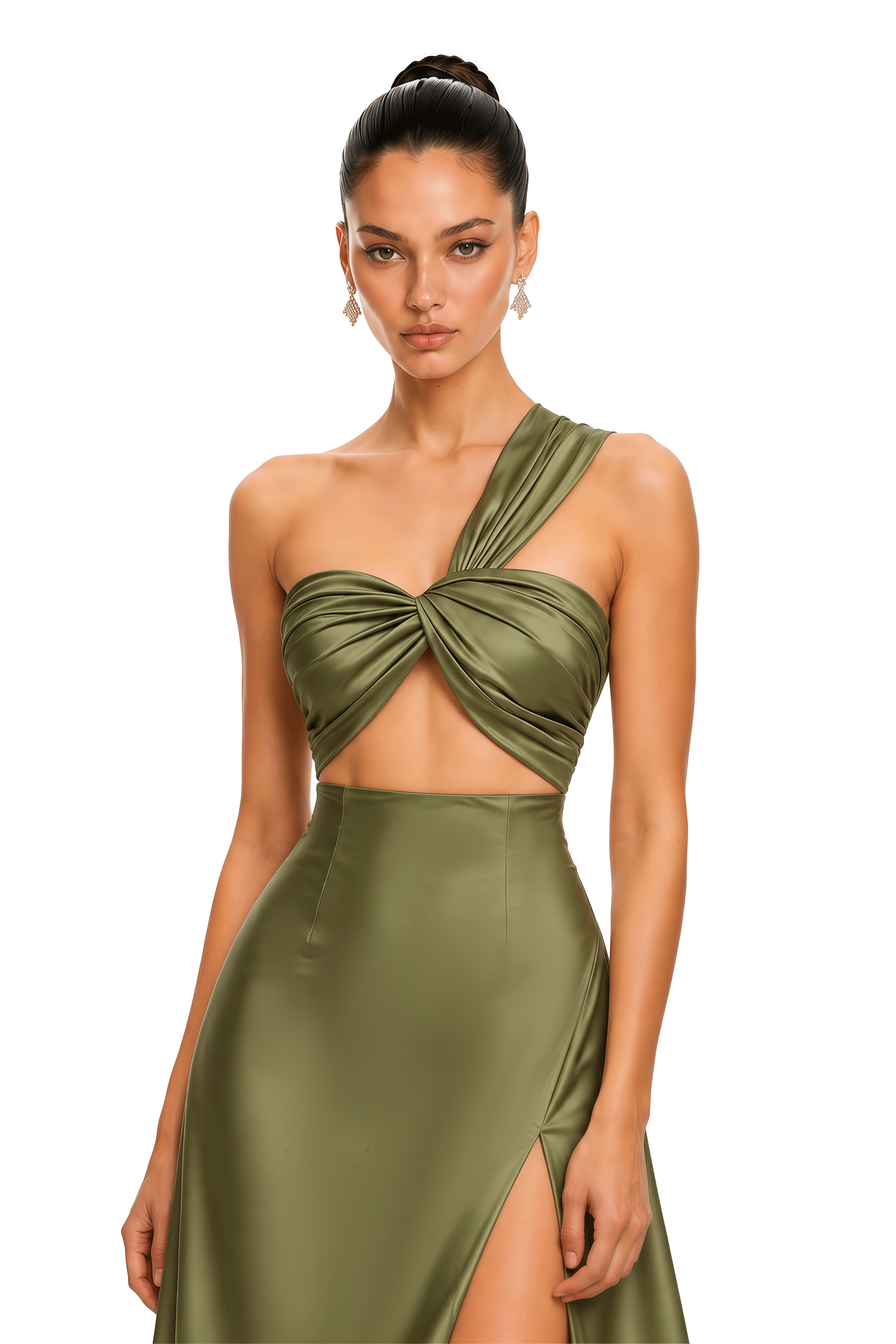 Hattie Olive Green One Shoulder Cutout Satin Maxi Dress