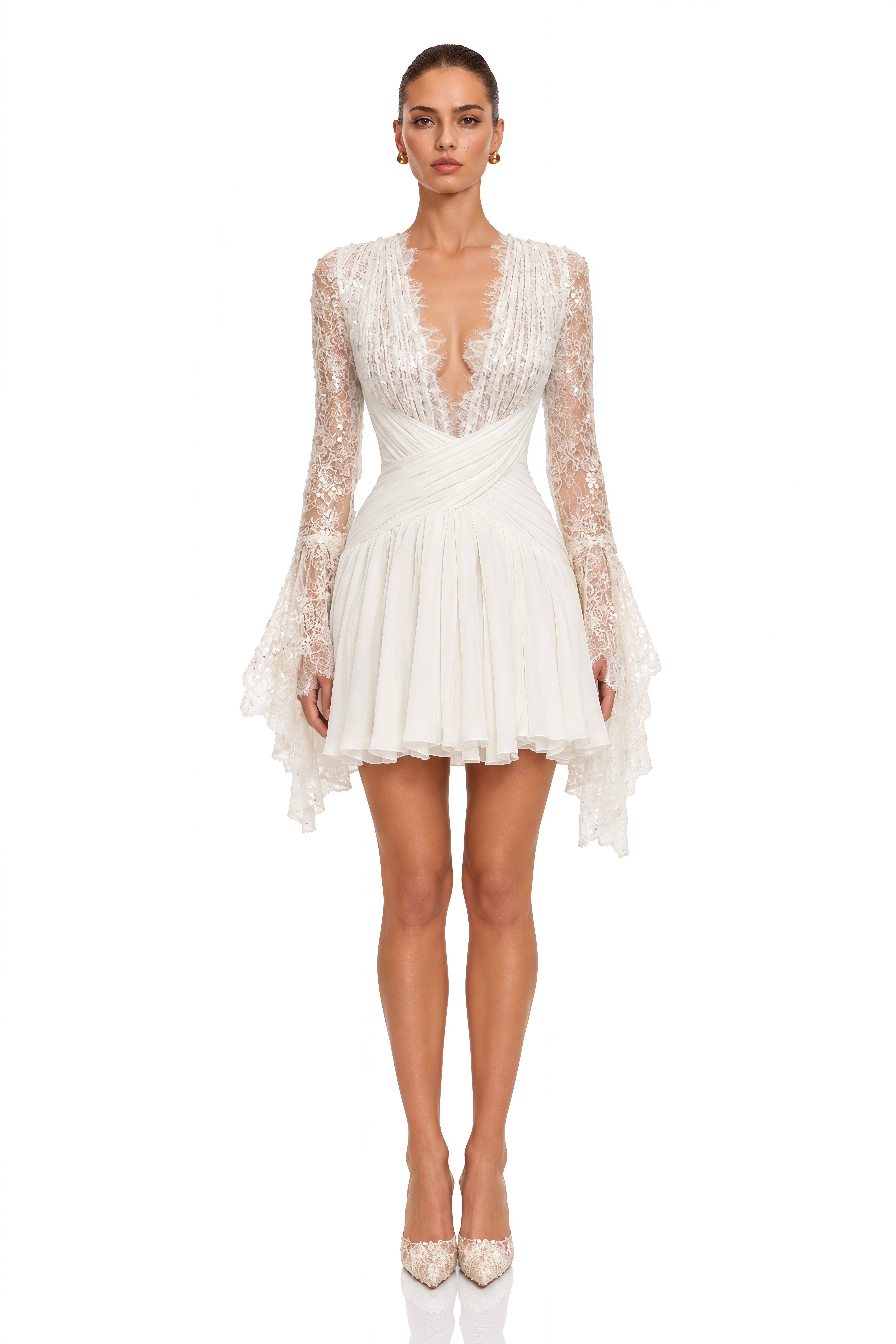 Leontine Ivory Lace Plunge Draped Mini Dress
