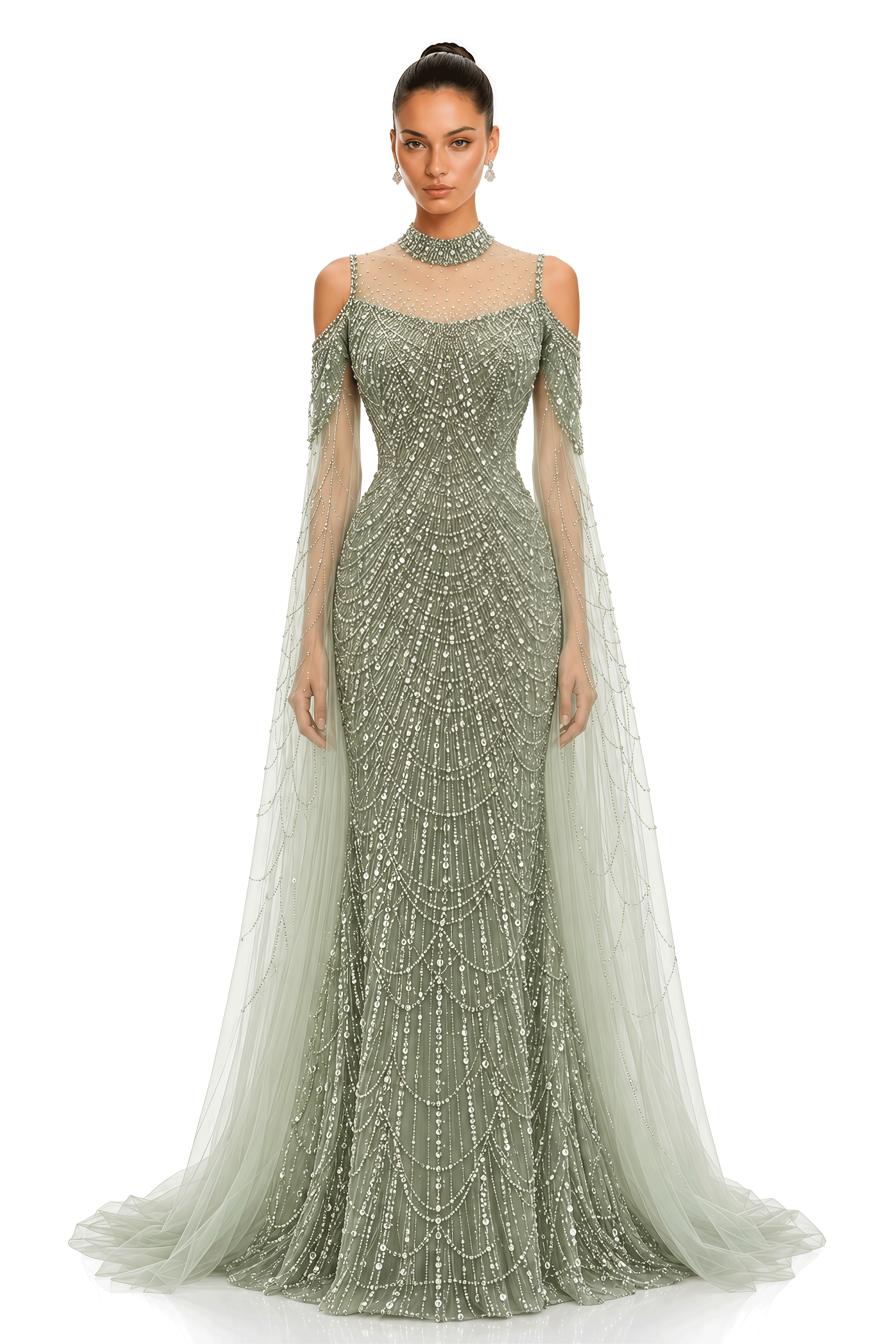 Maisie Sage Green Embellished Cape Sleeve Maxi Gown