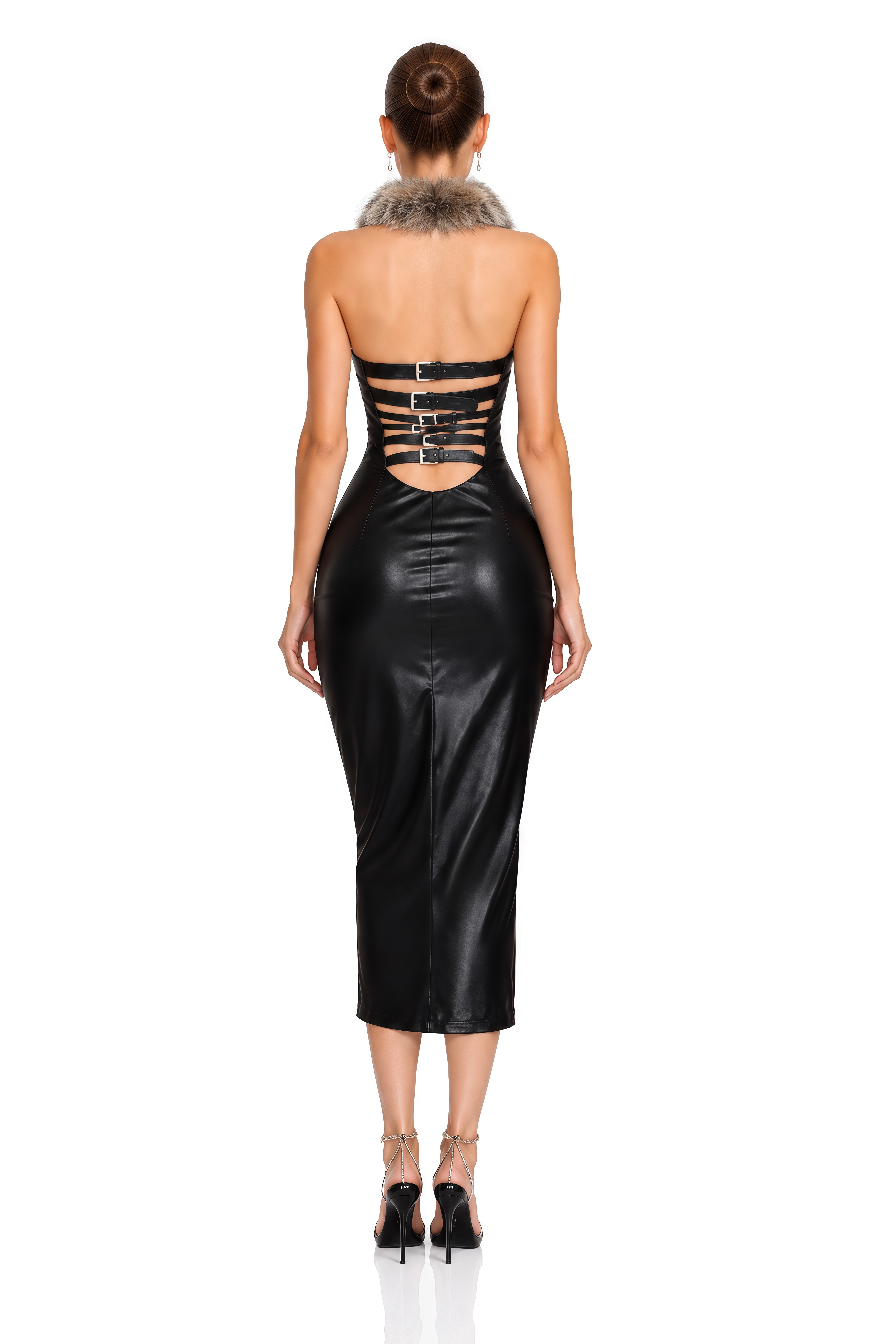 Vittoria Black Fur Trim Halterneck Midi Dress