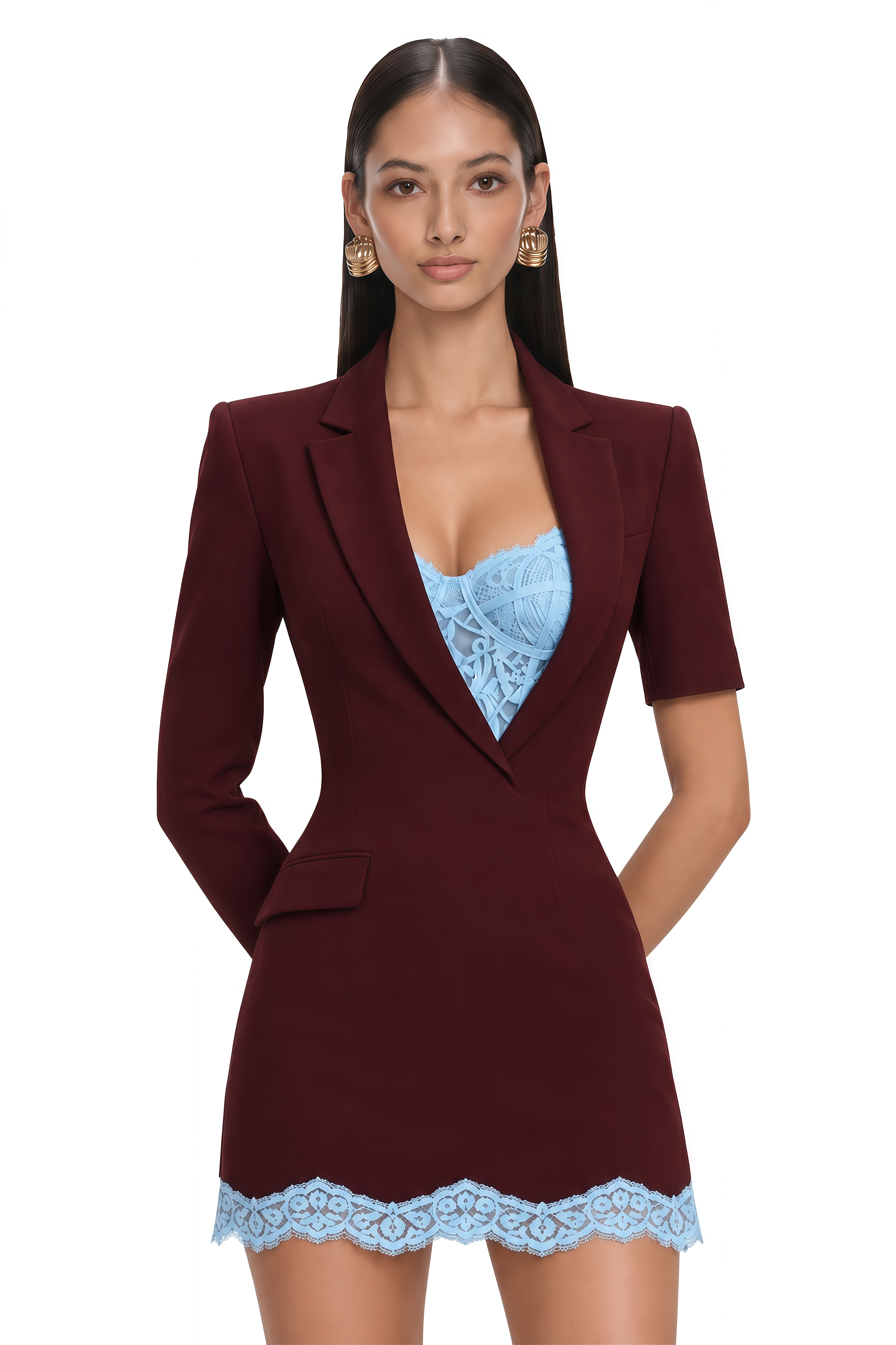 Zelina Burgundy Asymmetric Lace Blazer Mini Dress